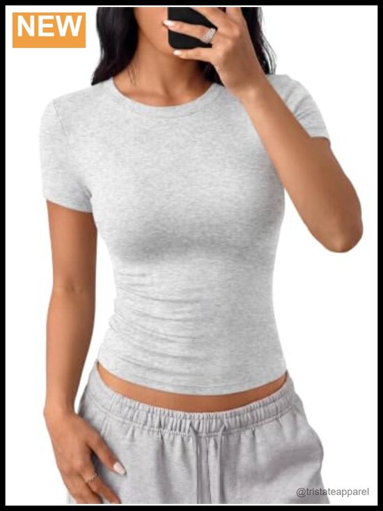 Tops - Womens Short Sleeve Crop Top Cotton Blend Slim Fit Crewneck Y2K